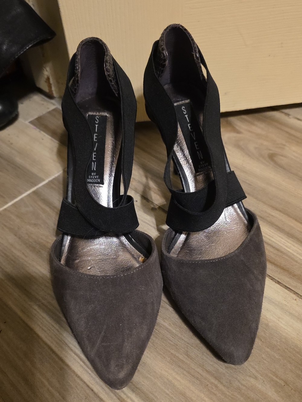 Steven By Steve Madden Charcoal Suede Pointed-Toe Heels with Black Straps